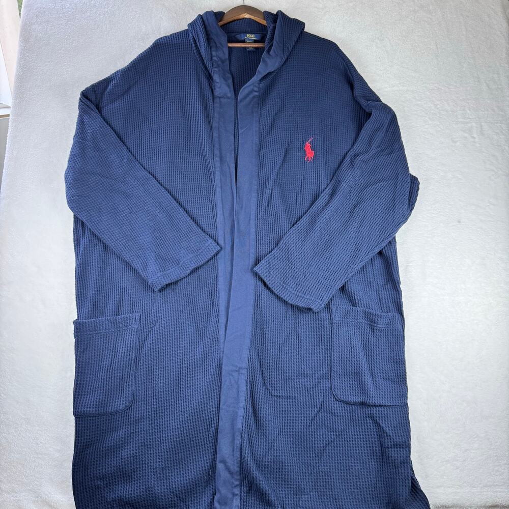 Polo Ralph Lauren Hooded Waffle Knit Robe Blue L/XL Cotton Sleepwear UNISEX